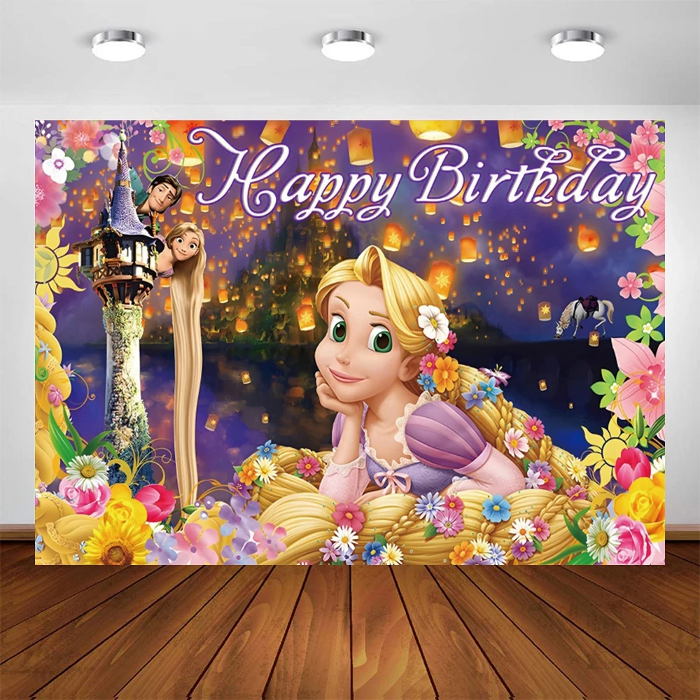 

Lovely Disney Long Blonde Hair Tangled Rapunzel Princess Cartoon Custom Birthday Party Castle Backdrop Photography Background