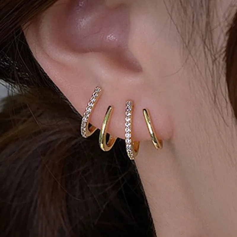 Trendy Geometric Crystal Earrings For Women Jewelry One Ear Hole Four Effects Earings Gold Silver Color Stud Earrings 2026 New
