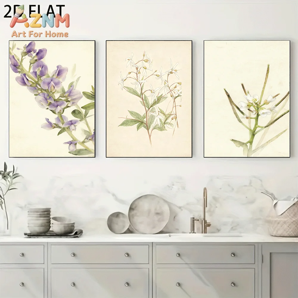 AZNM Frameless Canvas Wall Art, Vintage Botanical Purple White Wildflower Print, Antique Watercolor Floral Wall Decor for Living