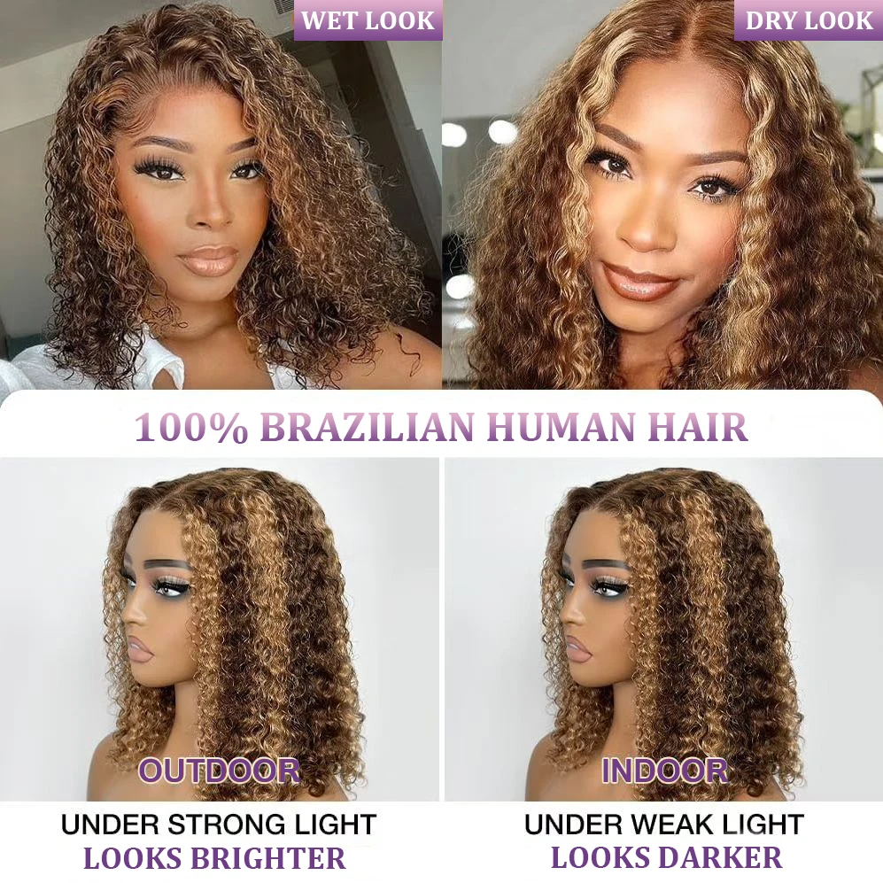 Highlight Color Short Bob Pruiken Deep Wave 13X4 Lace Frontale Pruiken Brazilian Human Hair Deep Curly Full Frontal Bob Pruik Ombre Kleur