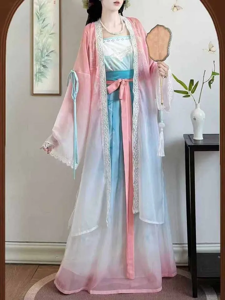 Chinese Hanfu Dress Women Female Carnival Halloween Cosplay Costume Ancient Traditional Gradient Blue&Green Hanfu Dress Girls
