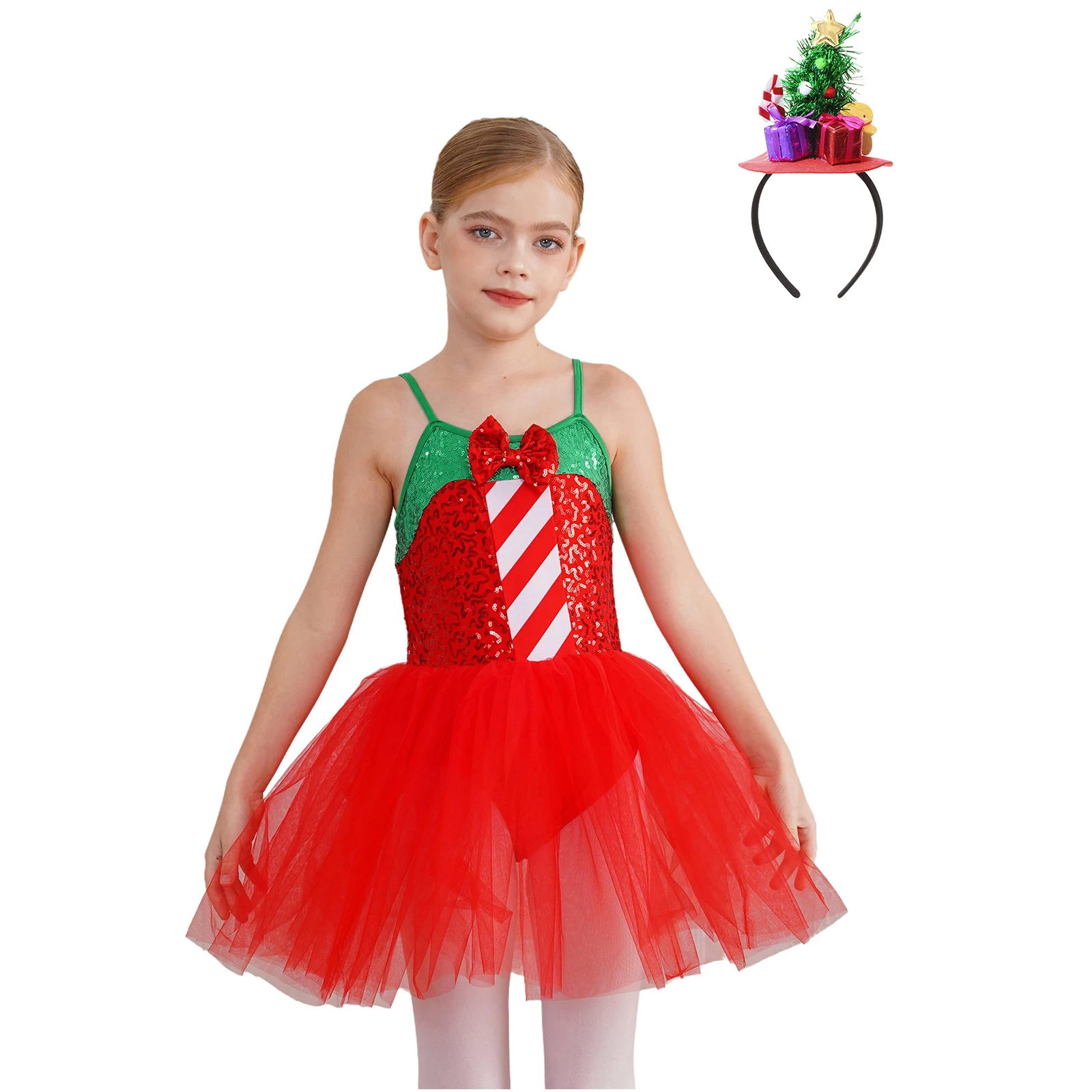 أطفال بنات عيد الميلاد أداء الرقص زي بلا أكمام الترتر شبكة توتو يوتار فستان مع طوق الشعر لحفلة عيد الميلاد السنة الجديدة #2