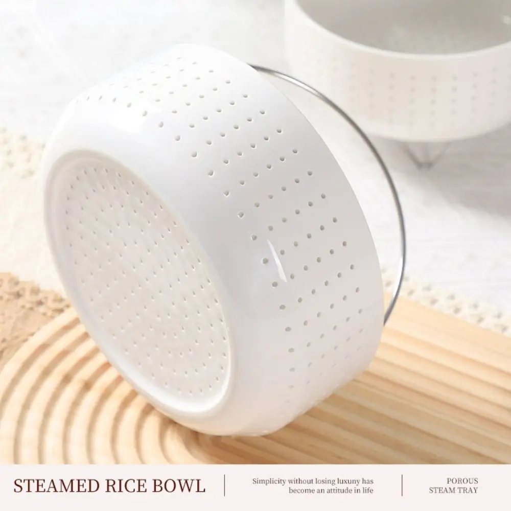 White Ceramic Rice Steaming Bowl Perforated with Stand Kitchen Steaming Tray Effective Sugar Removal With Handle