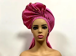 African Sego Gele Headtie Already made Auto Turban Afro Aso Ebi Oke Pink Blue With Stone Beawide Nigerian Brim For Wedding Party