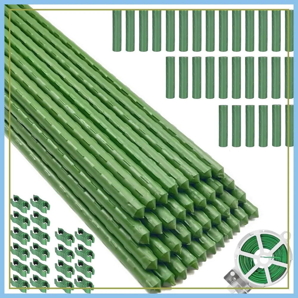

Garden Stakes Kit, 40 Sets 16" 0.43" Diameter Steel Plant Support (91 pcs), DIY 3-7ft Sturdy Tomato Stakes for Indoor & Outdoor Gardening