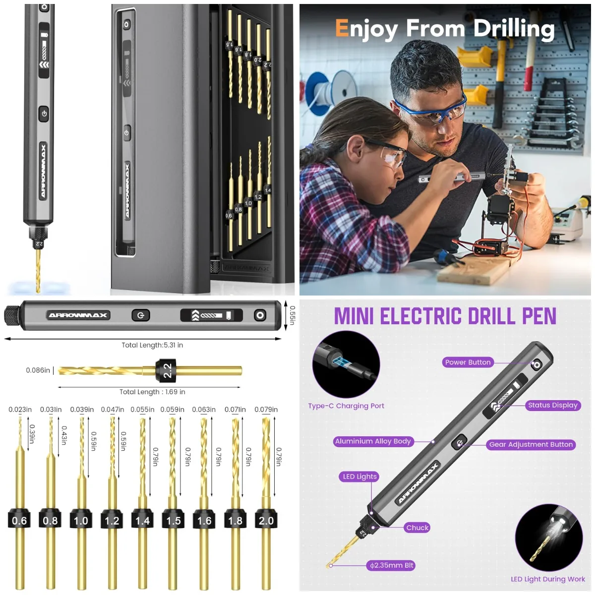 

Мини-дрель AM, 5-скоростная, светодиодная, OLED-дисплей, алюминиевая коробка, набор из смолы с 10 бит, хвостовик 3/32 дюйма, изготовление ювелирных изделий и дерева