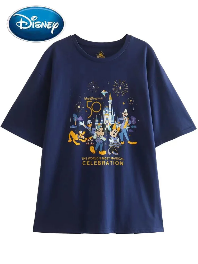 Disney T-Shirt 2023 New Minnie Mickey Mouse 50th Anniversary Disney World Castle Letter Cartoon Print Women Short Sleeve Tee Top