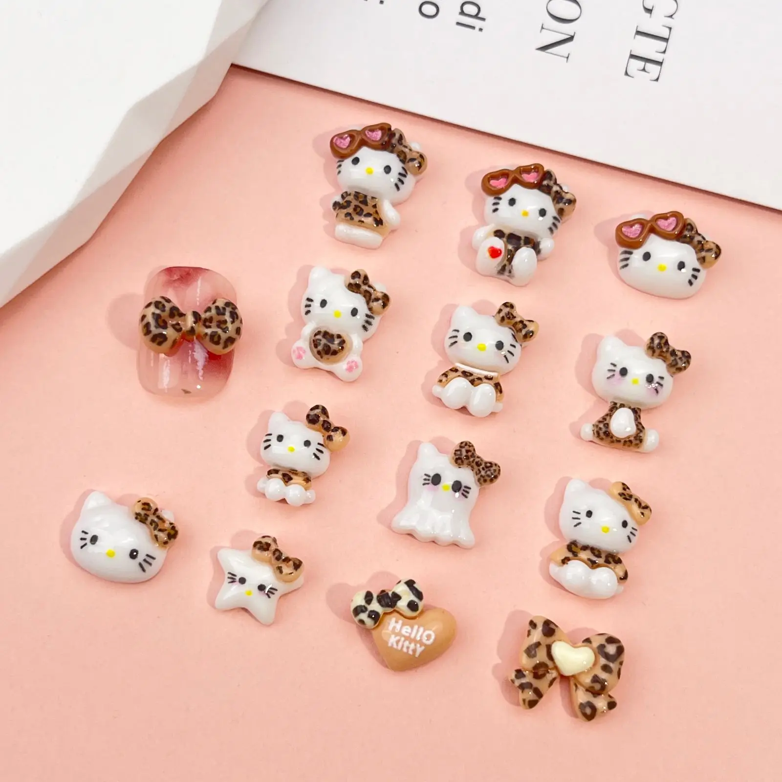 

50PCS Kawaii Hello Kitty Nail Charms, Leopard Print Resin Nail Art Decor, Cute DIY Manicure Supplies for Nails