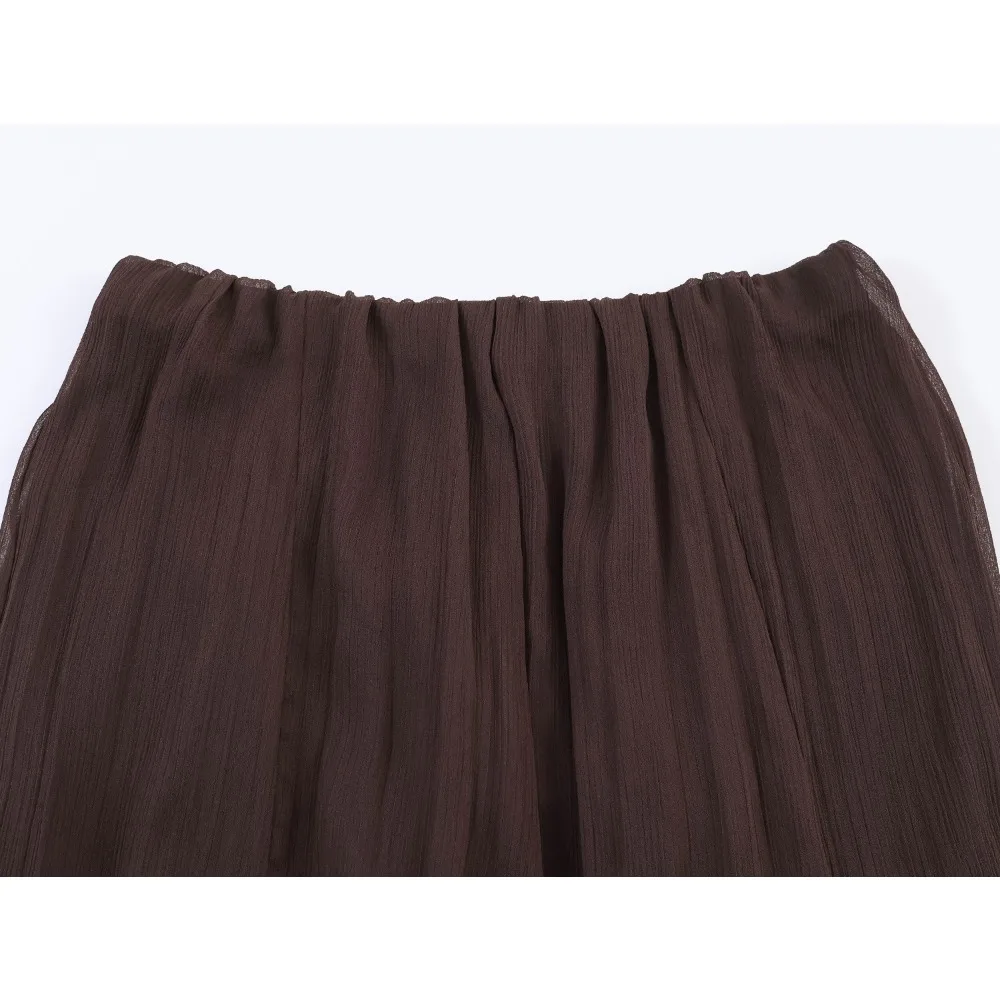 Elegant Women's Ruffled Lace Midi Skirts Stylish Low-rise Midi Skirt with Asymmetrical Hem Summer Elastic Waistband Brown Skirts