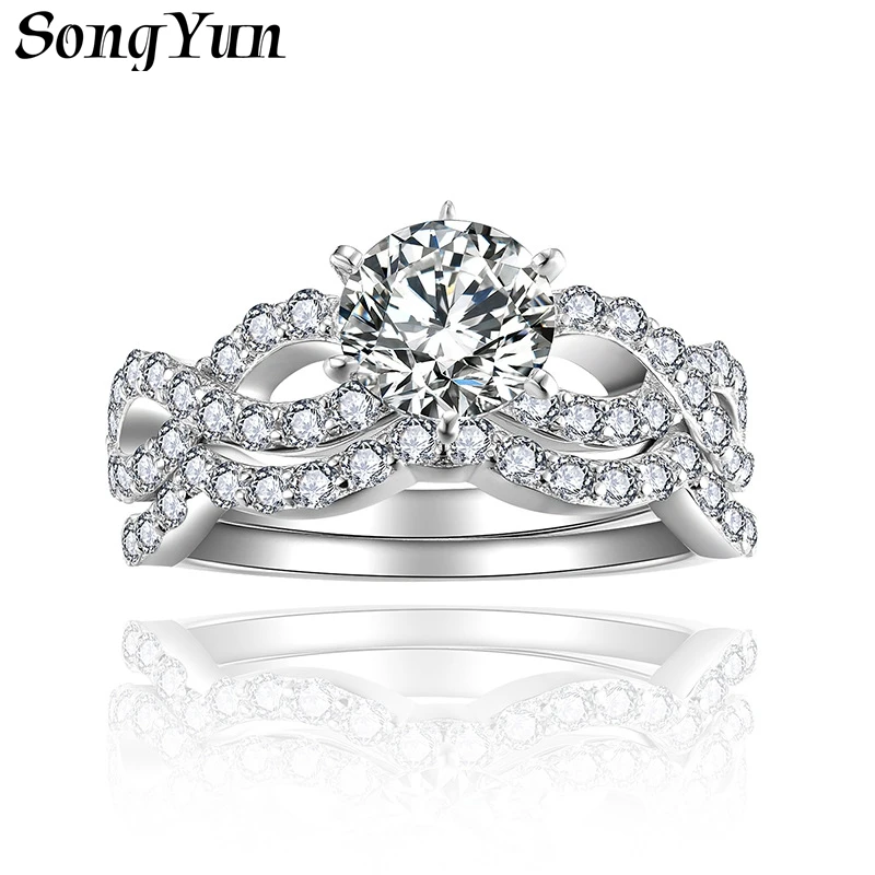SONGYUN Moissanite Diamond Jewelry 1 Carat Round Moissanite Engagement Ring Set Wave Stackable Eternity Band Ring for Women