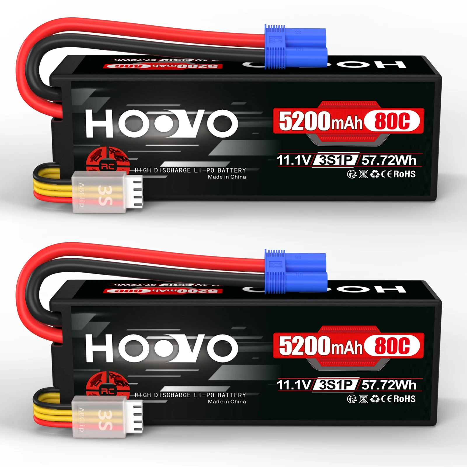 HOOVO 11.1V Lipo Battery 3S 5200 mAh 80C Hard Case RC Battery Batteries with EC5 Connector Plug for RC Helicopter Vehicles Truck