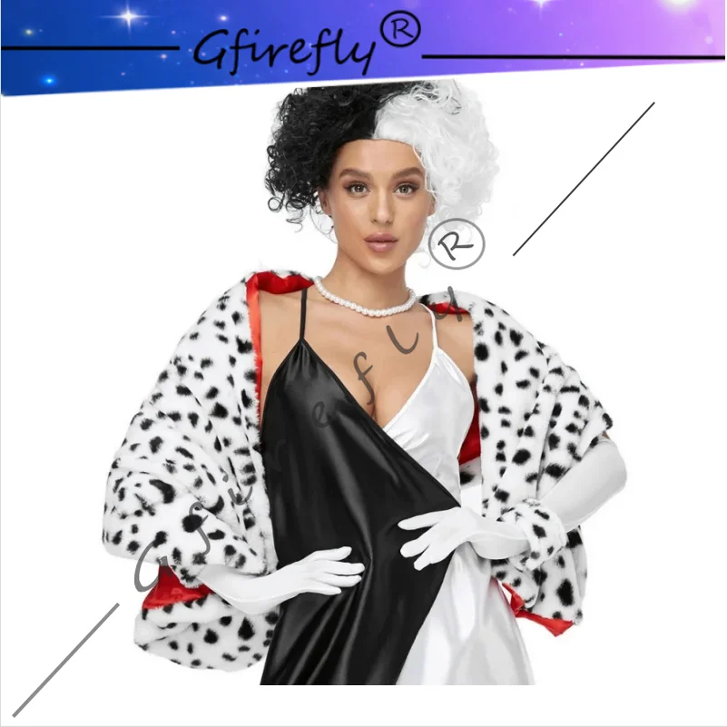 

Halloween Cruella Dalmatian Scarf Cape Cloak Long and Short Plush Coat with Black and White Spots for Witch Cost