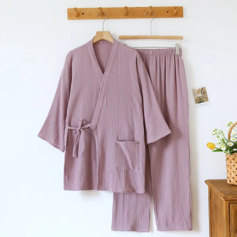 2026 New Couple Japanese Kimono Set 100% Cotton Crepe Cloth Men's And Women's Spring And Autumn Simple Solid Color Home Clothes
