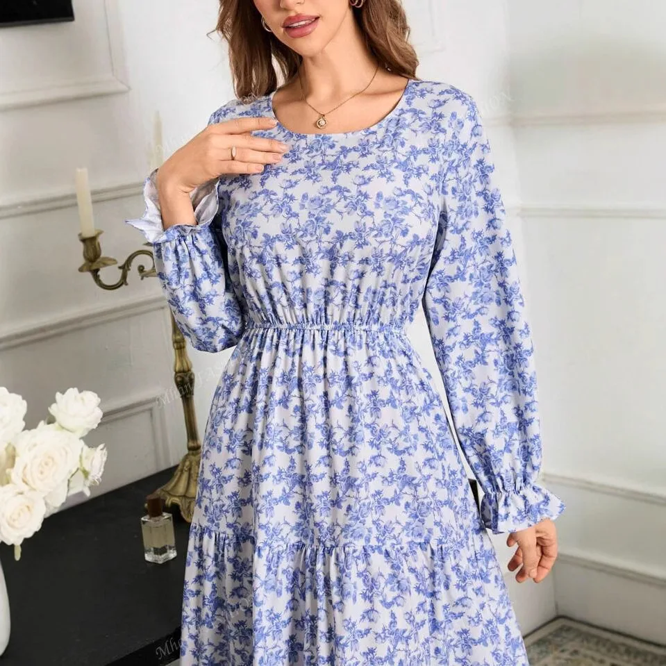 أوروبا وأمريكا والتجارة الخارجية AliExpress المرأة المطبوعة طاقم الرقبة طويلة الأكمام لوتس حافة فستان 2025 جديد