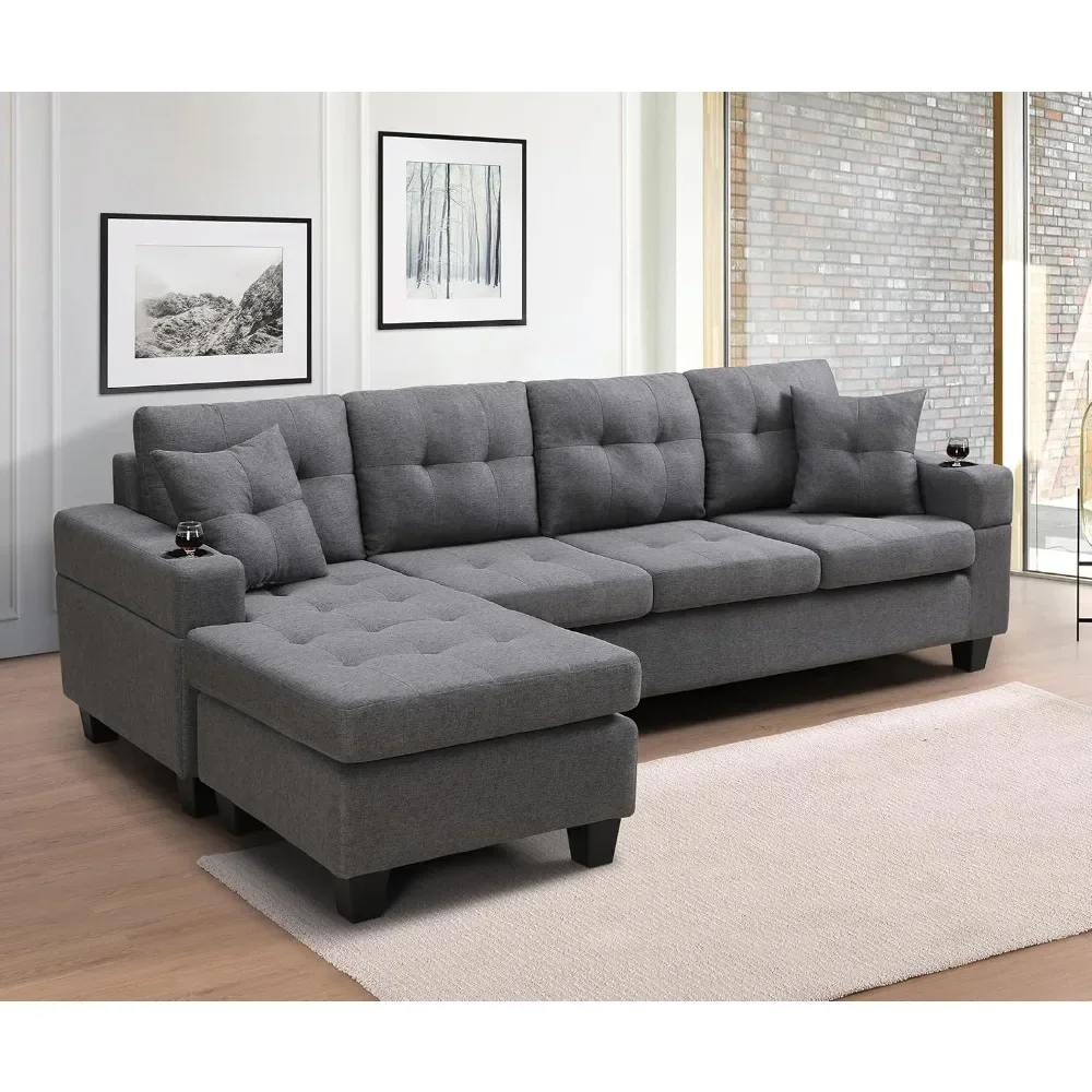 

Sectional Sofa Couch, Modern 4-Seaters Living Room Furniture Sets with Reversible Chaise Lounge & 2 Pillows L Shape Couch