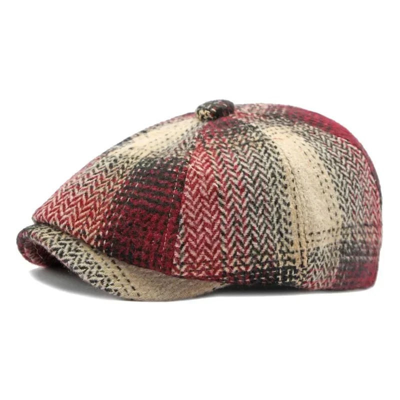 2023 Men and Women Retro Octagonal Cap Thickened Knitted Newsboy Cap Duck Tongue Painter Hat Plaid Beret Street Forward Cap