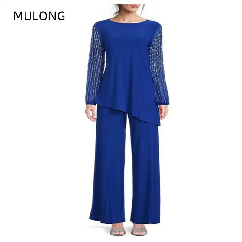 MULONG Chiffon Long Sleeve Beading Evening Dress For Mother Of The Bride O Neck Floor Length 3 Piece Mother Wedding Pants Suit