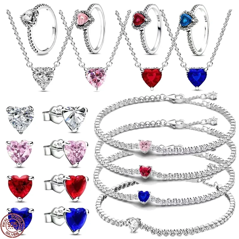 Hot selling 925 sterling silver exquisite color heart-shaped zircon ring necklace earrings original charm jewelry gifts