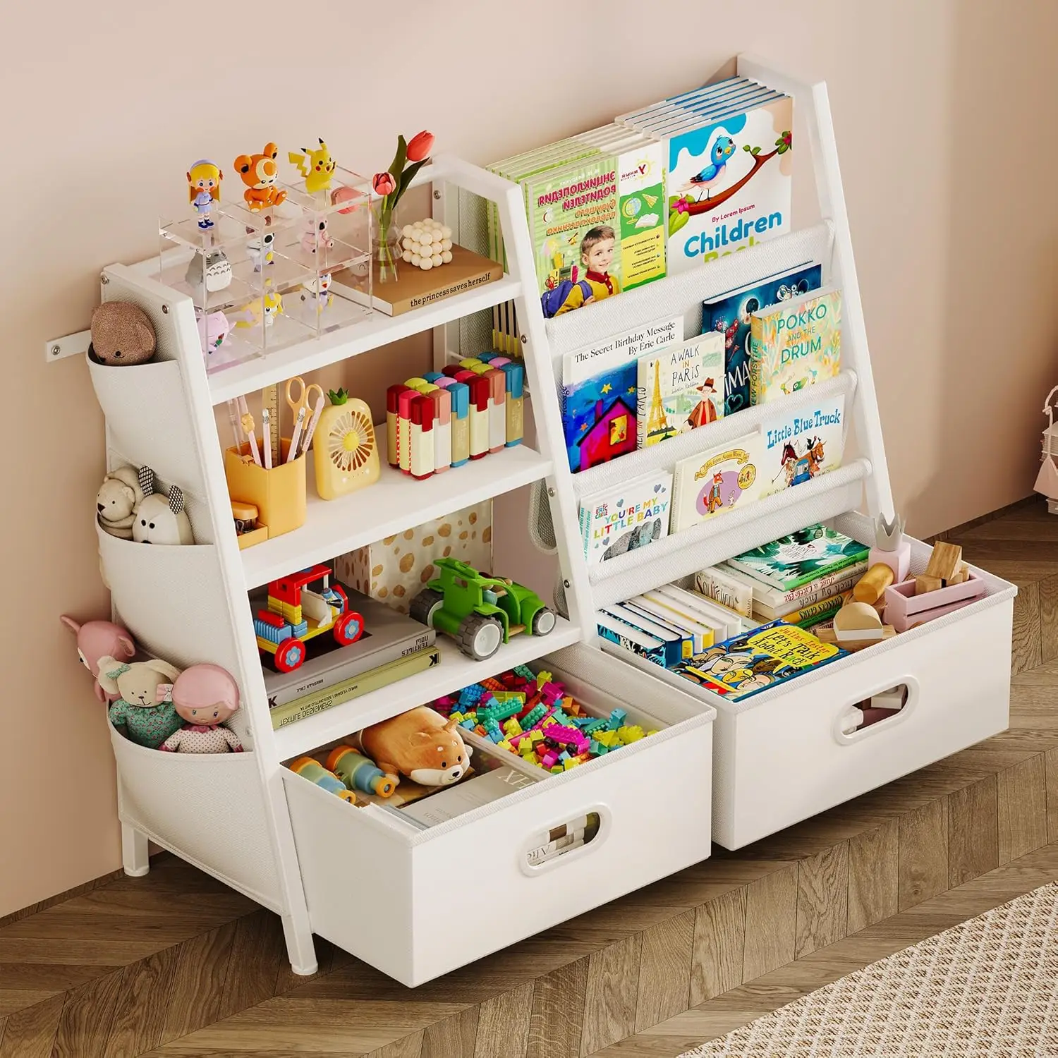 

3-Tier Kids Bookcase with Toy Storage Organizer, White Sling Bookshelf for Children's Room and Playroom