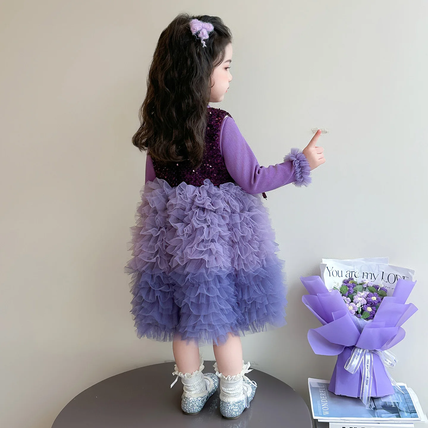 Kid Dress Sets Child 2-Pieces Of Vest Dress+T-Shirt 2025 Girls' Winter Plush Style Premium Puff Cake Dress+Long Sleeves Bottom