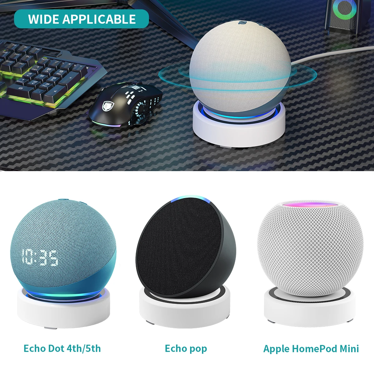 حامل مكبر الصوت العالمي قاعدة حامل سطح المكتب مع منظم الكابلات الشبح دعم محمول لـ Echo Pop/Dot 4/5 HomePod