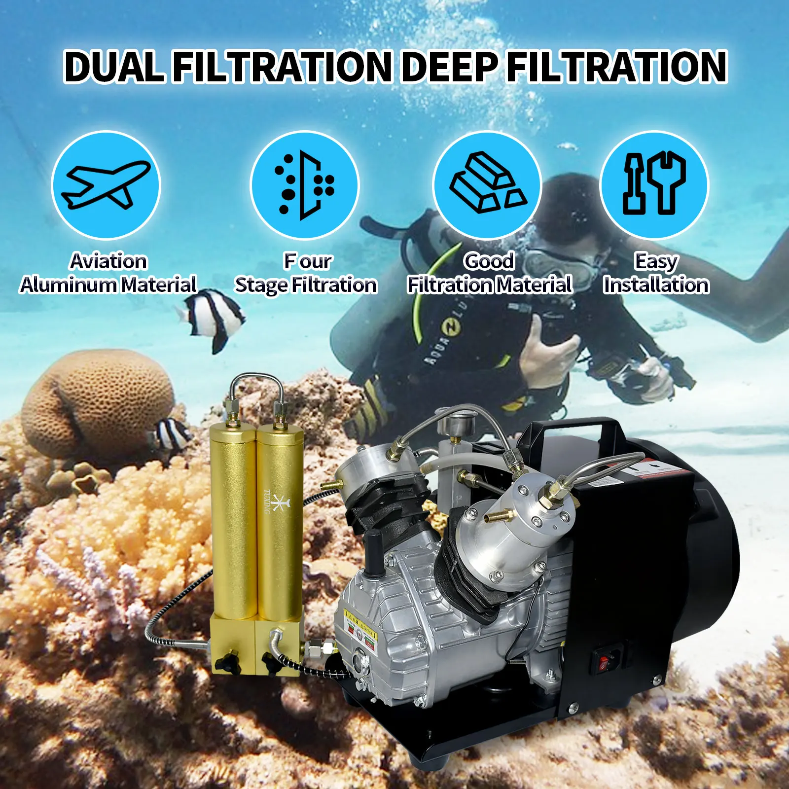 Imagem -06 - Tuxing-filtro Compressor de ar Separador Óleo-água Filtro Duplo com Válvulas de Segurança Carvão Ativado Filtro Híbrido 4500psi