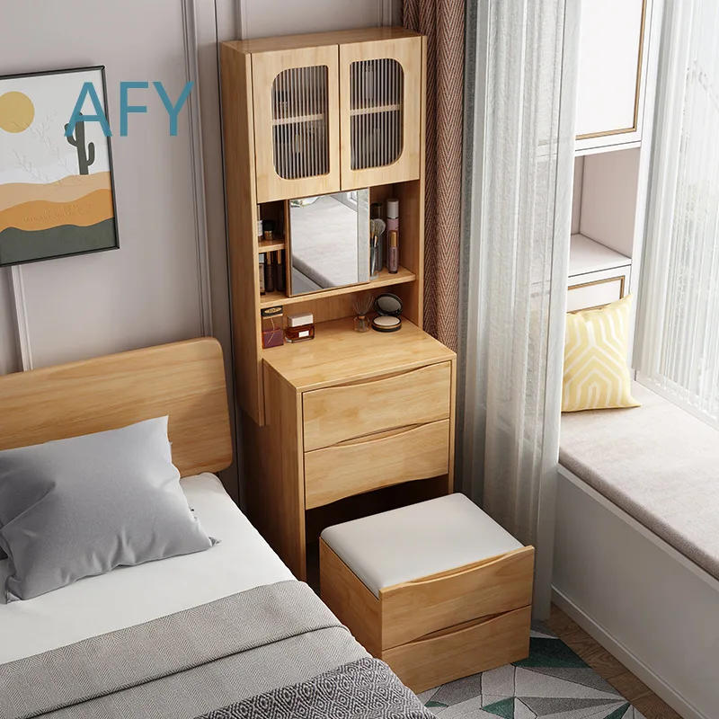 Solid Wood Dresser Vanity Desk with Bookshelf and Storage for Small Spaces Bedside Table Makeup Organizer