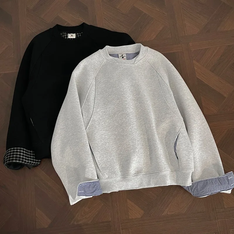 

Men's Plaid Accent Sweatshirt Loose Fit Round Neck Korean Style Pullover 2025 Autumn Winter Fashion Black Gray Male Top