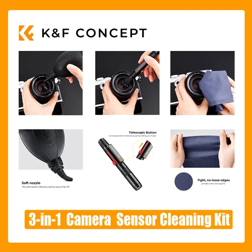 K&F CONCEPT Kit de limpieza de sensor de cámara 3 en 1, paño de limpieza de lápiz de lente y soplador de aire con sensor para cámara DSLR SLR