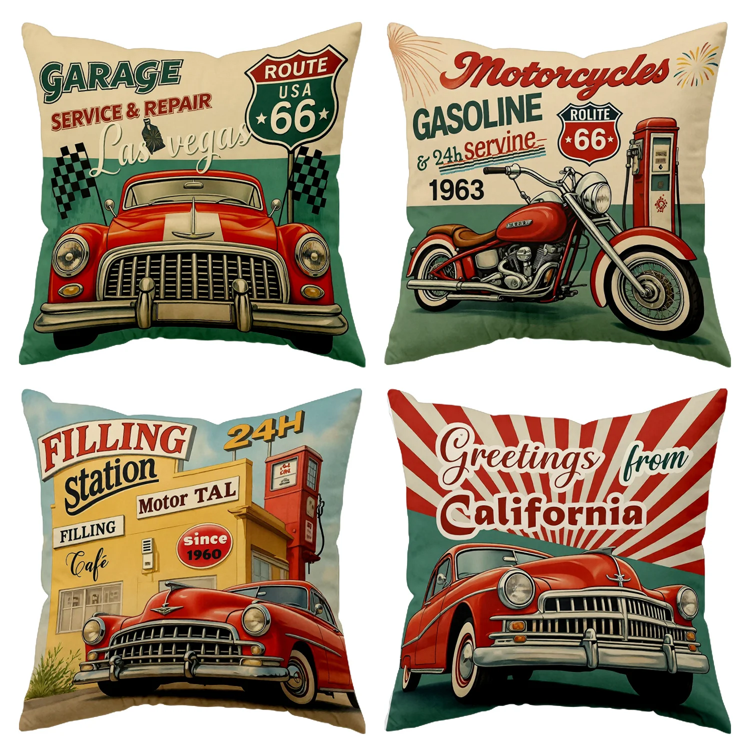 4PC Vintage American Car Garage Gas Station Route 66 Nostalgia Throw Pillow for Man Cave Decor