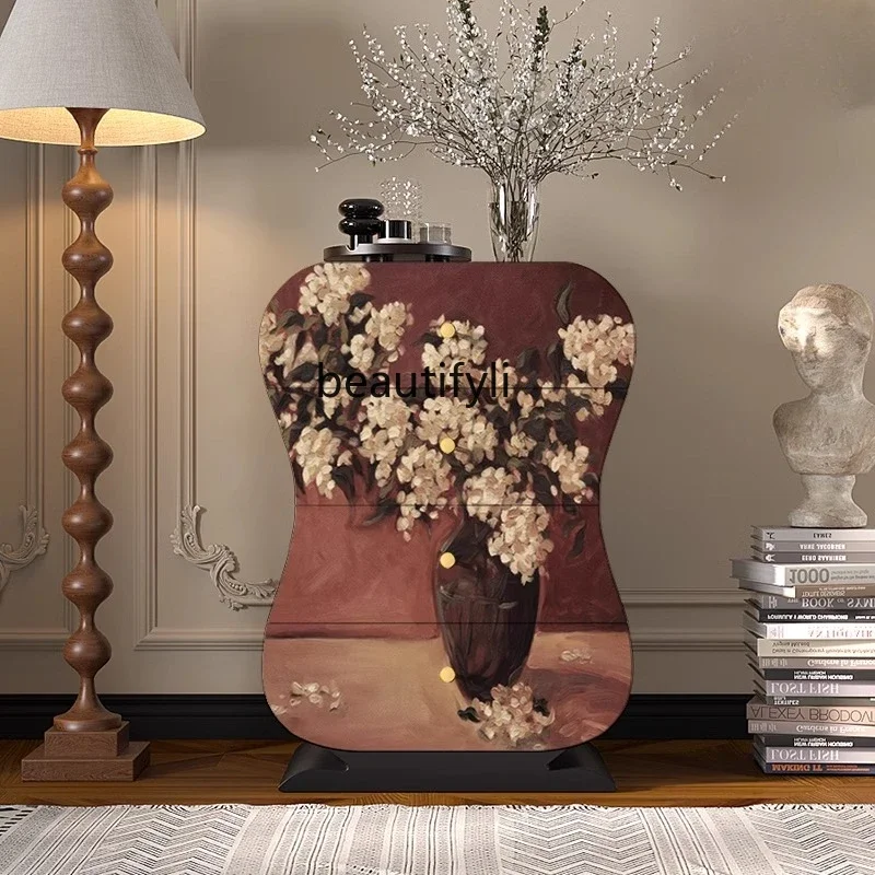 

French retro vase solid wood four-chest cabinet living room sofa side storage locker home