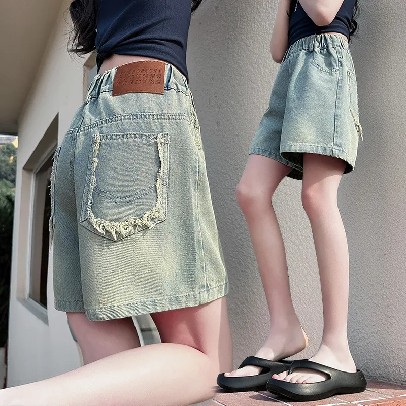 New Summer Girls Vintage Casual Denim Shorts with Raw Hem for Tween Child Blue Wash Mini Jeans Shorts Kids High Rise Short Pants