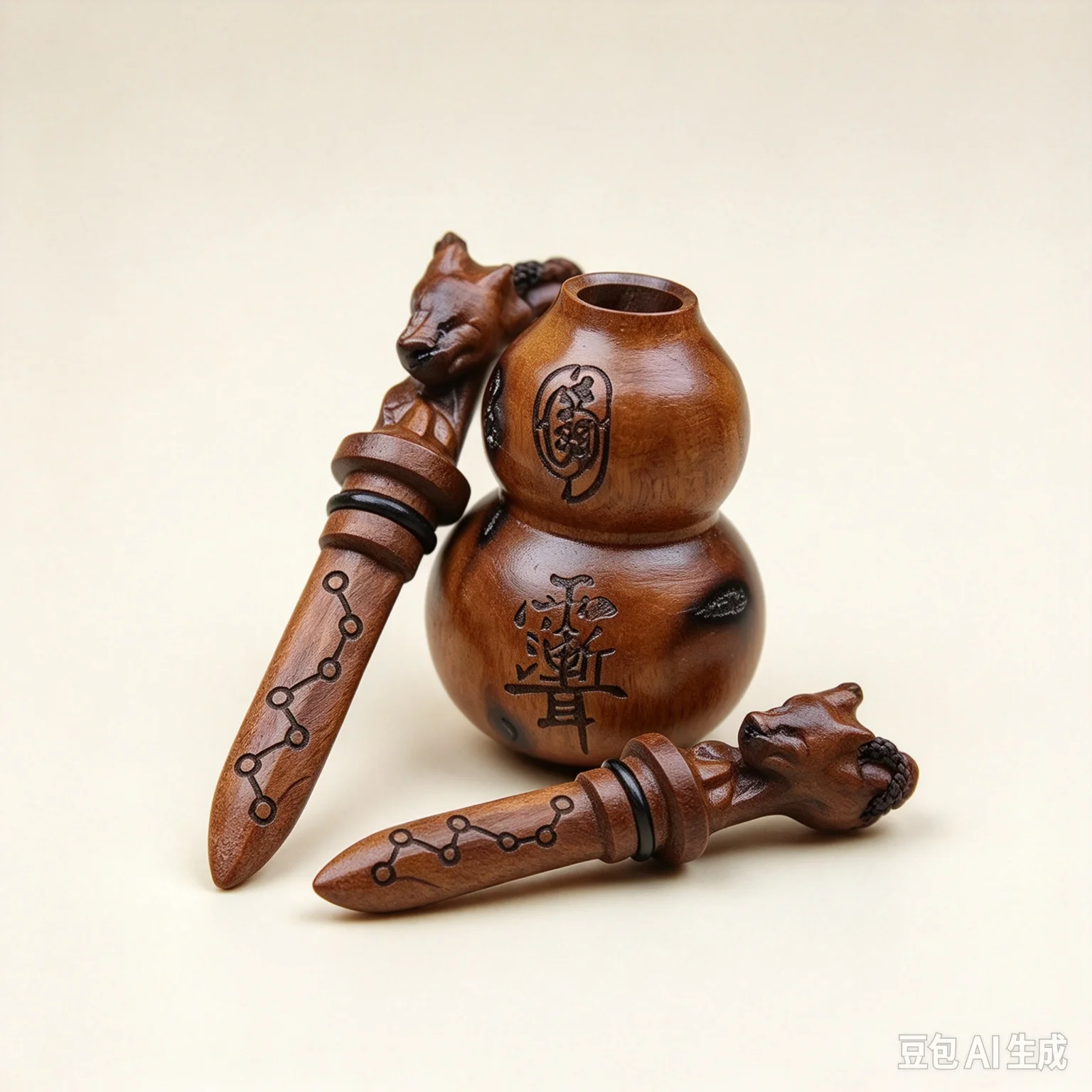Hand Carved Wooden Gourd Sword, Chinese Traditional Craft Mini Figurine Desktop Ornament Collectible Gift