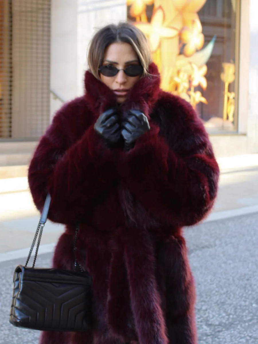 HDHOHR 2026 Winter Elegant Luxury Chic Thick Warm Long Cool Red Faux Fox Fur Coat Women High Quality Fluffy Fox Fur Jacket