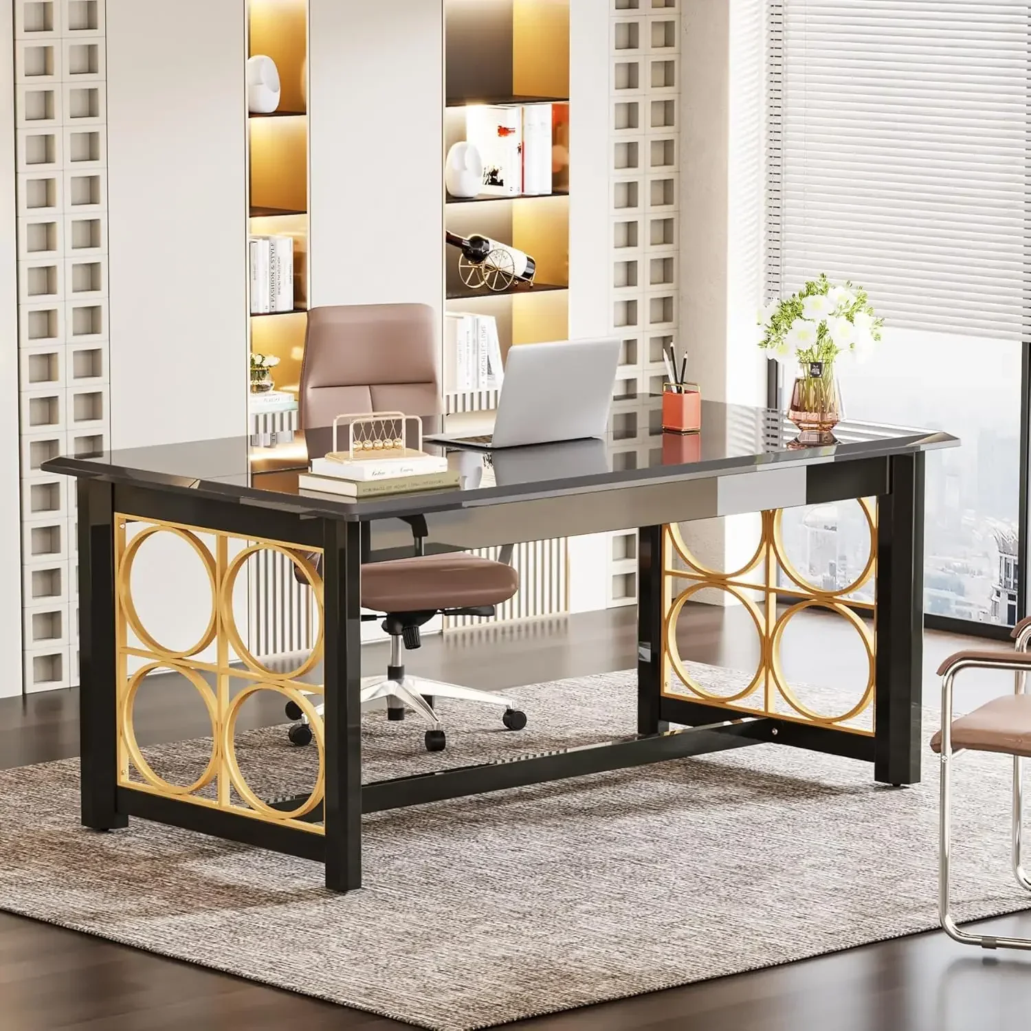 

Executive Desk, Modern Office Desk with Glossy Surface, Large Computer Desk for Home Office, Conference Table
