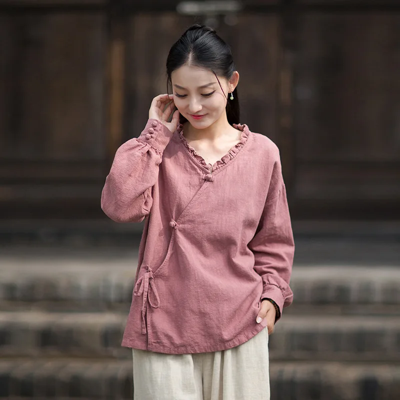 

Осенняя хлопково-льняная блузка, оригинальный дизайн, элегантный женский кардиган в китайском стиле с цветочным принтом и асимметричным воротником