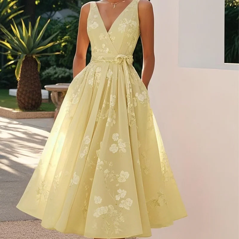 أنيقة مثير الخامس الرقبة القوس الدانتيل يصل فستان الحفلات النسائية الصيف عادية مطوي فساتين بوهو أنيقة عطلة بلا أكمام ألف خط فستان طويل