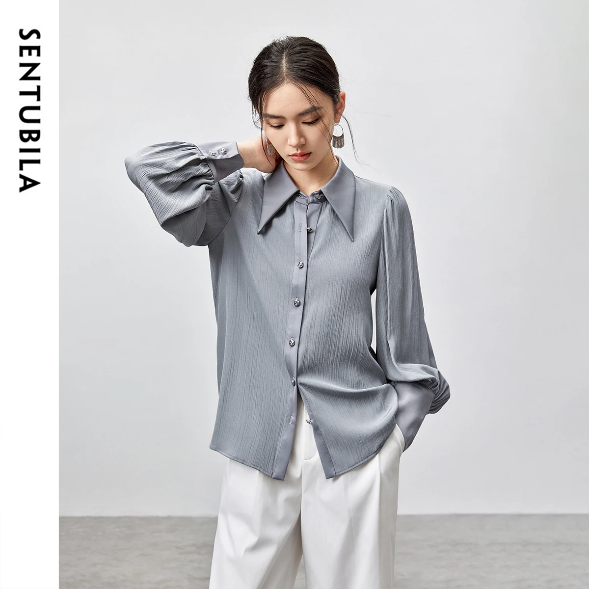 SENTUBILA Women's Office Lady Shirts 2025 Spring Autumn Solid Casual Straight Metal Single Breasted Shirts & Blouses 143C55834