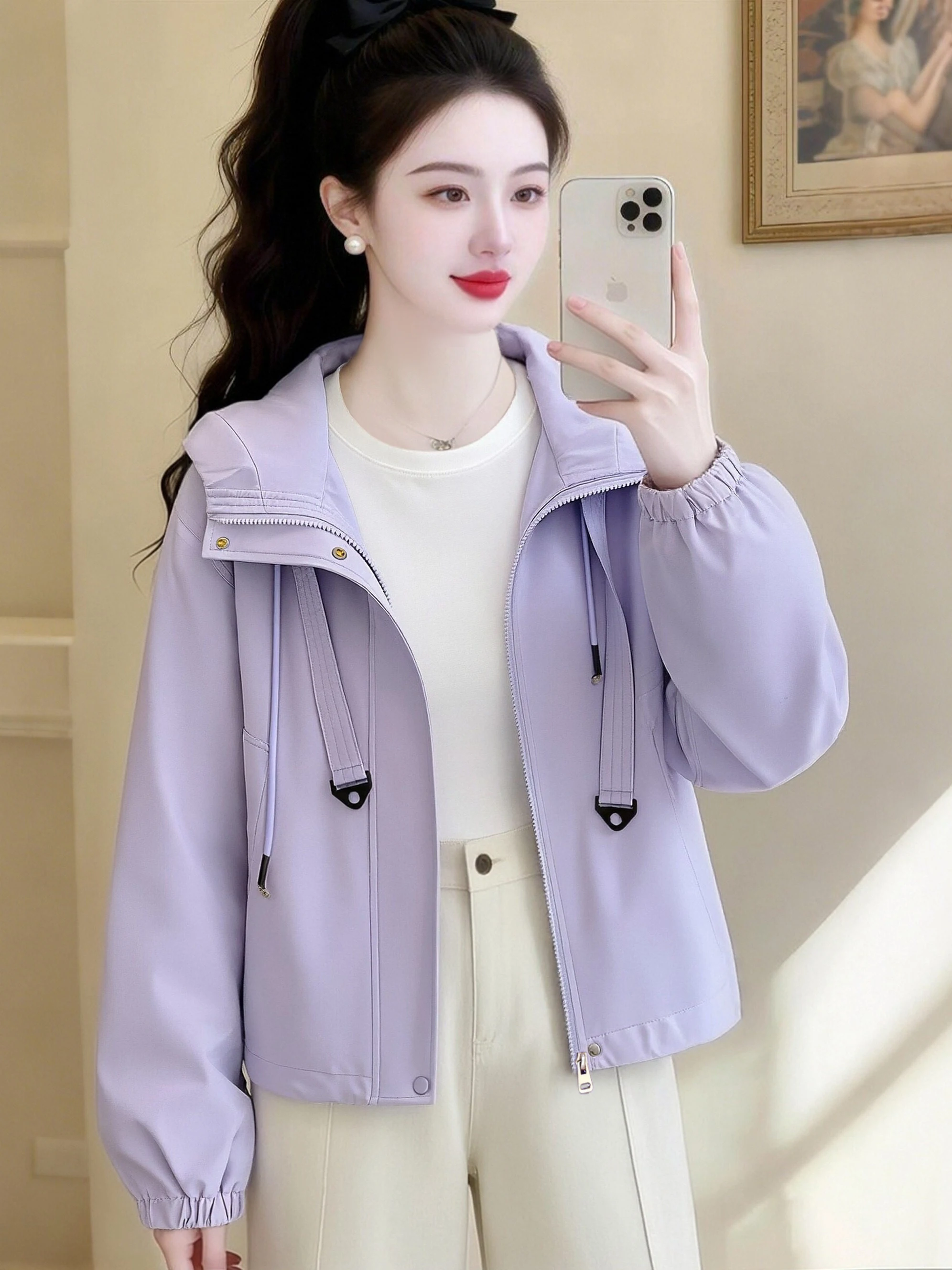 Spring Autumn 2026 Women's Fashionable Casual Short Loose Outerwear Zipper Pocket Drawstring Hooded Windproof Commute Style Coat