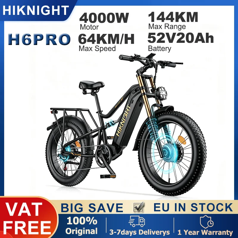 Image of HIKNIGHT 52V20Ah Akku Elektrofahrrad, 4000W Spitzenleistung, 64 km/h Höchstgeschwindigkeit, 144 km Reichweite, 24x4 Zoll Fat Tire H6PRO Mountain City Elektrofahrrad