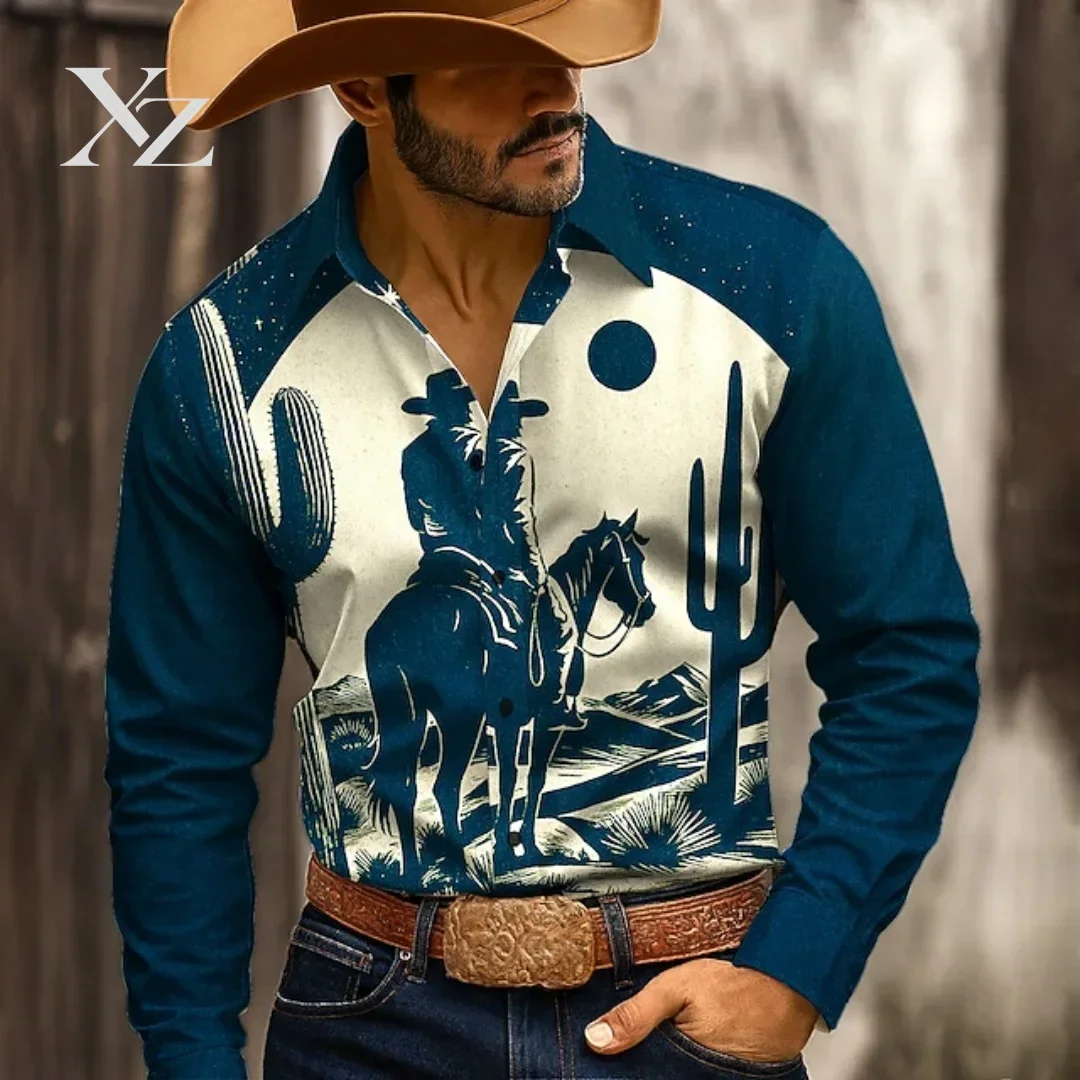 New men's shirt - 3D high-definition printing - Western denim style men's top and plain color casual shirt - Fashionable and cas