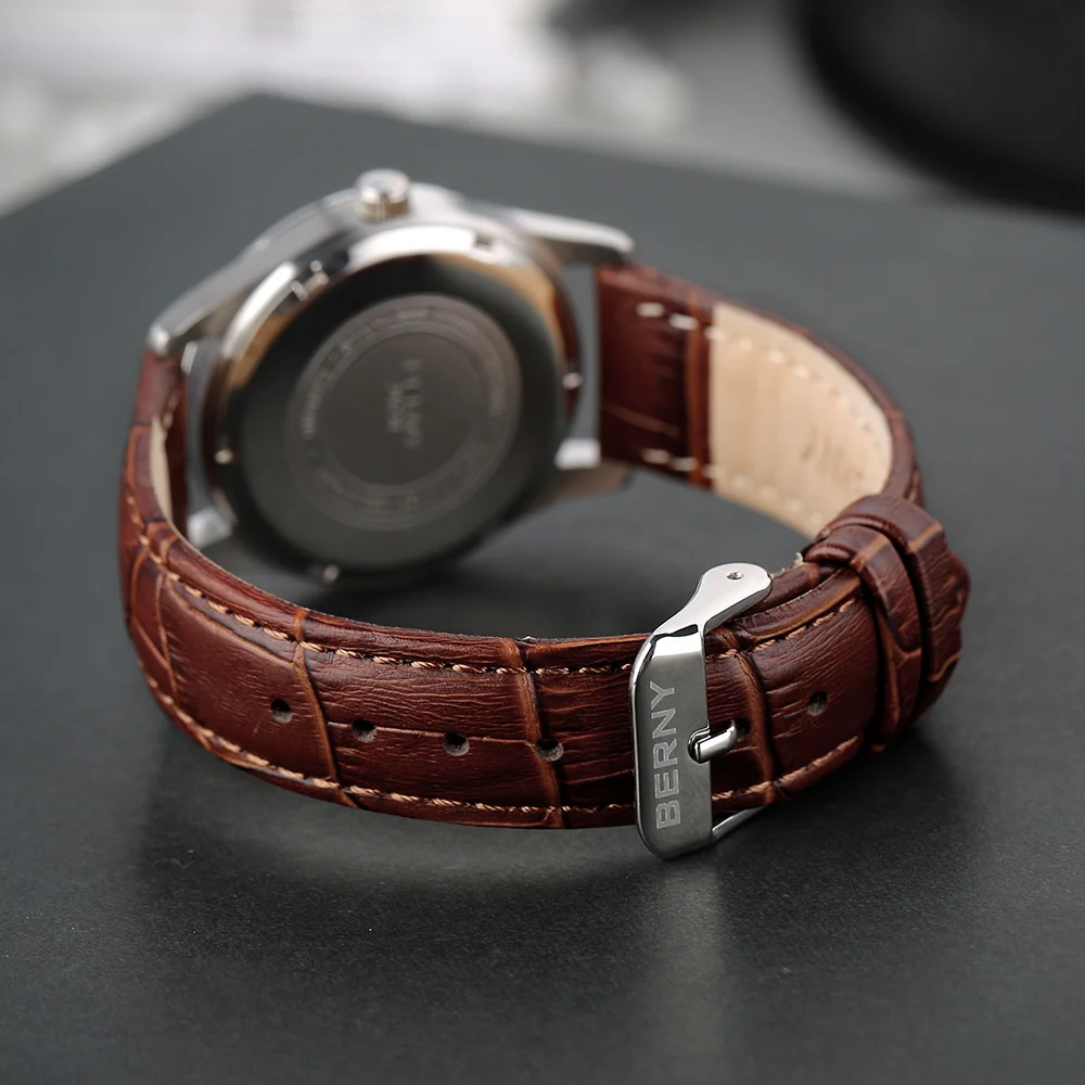 BERNY-Reloj de pulsera de cuero para mujer, cronógrafo de cuarzo, resistente al agua, 3ATM