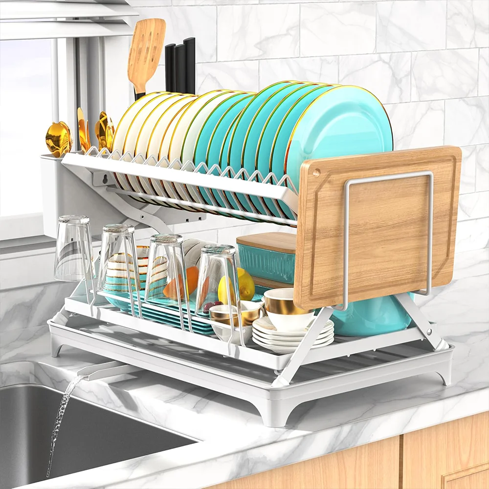 

2-Tier Kitchen Counter Dish Drainer Storage Rack Collapsible Dish Bowl Rack Water Cup Organizer with 360° Retractable Drain