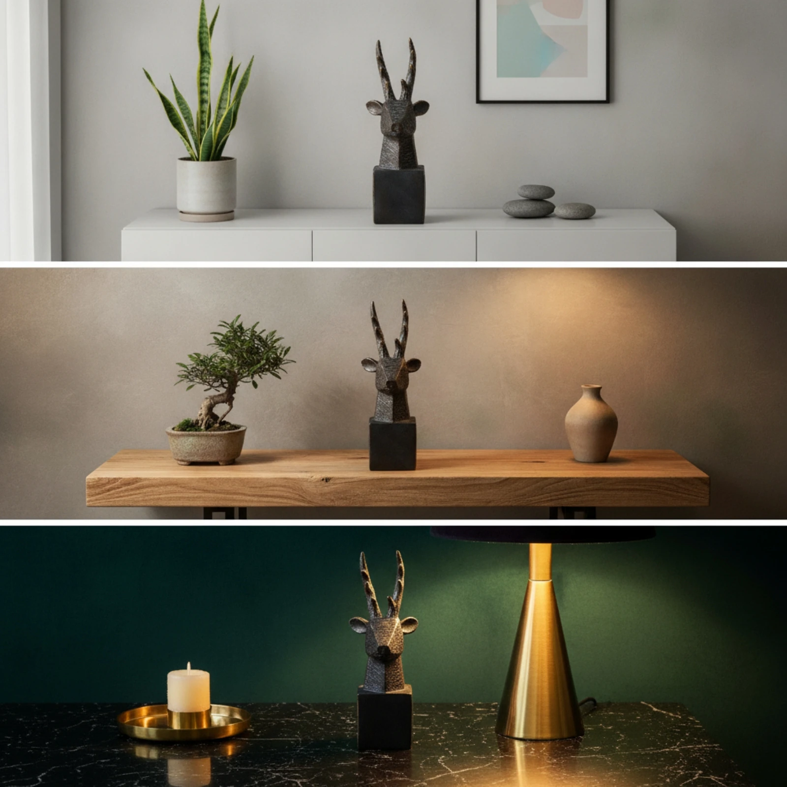 

Deer Head Figurine Rustic Deer Bust Figurine Buck Statue Textured Home Decor Carved Look for Living Room, Indoor Space