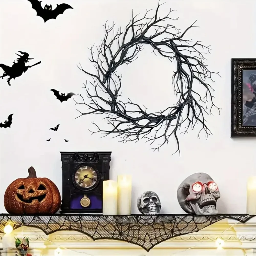 Black Plastic Halloween Wreath with Natural Looking Dried Forks for Indoor Outdoor Use Length 40cm Festive Spooky Style