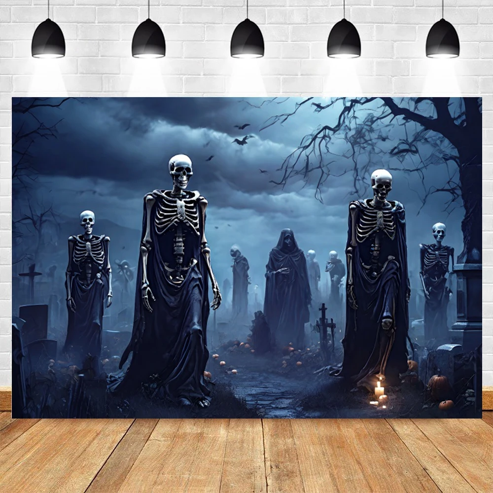 Horror Skeleton Cemetery Tombstone Backdrop Full Moon Halloween Night Party Family Children Portrait Photography Background