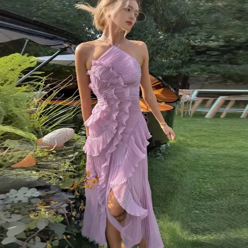 Gown Neck Strap Irregular Long Dress For Women Ruffle Sleeveless High Waist Backless Dresses 2025 New Summer Elegant Party