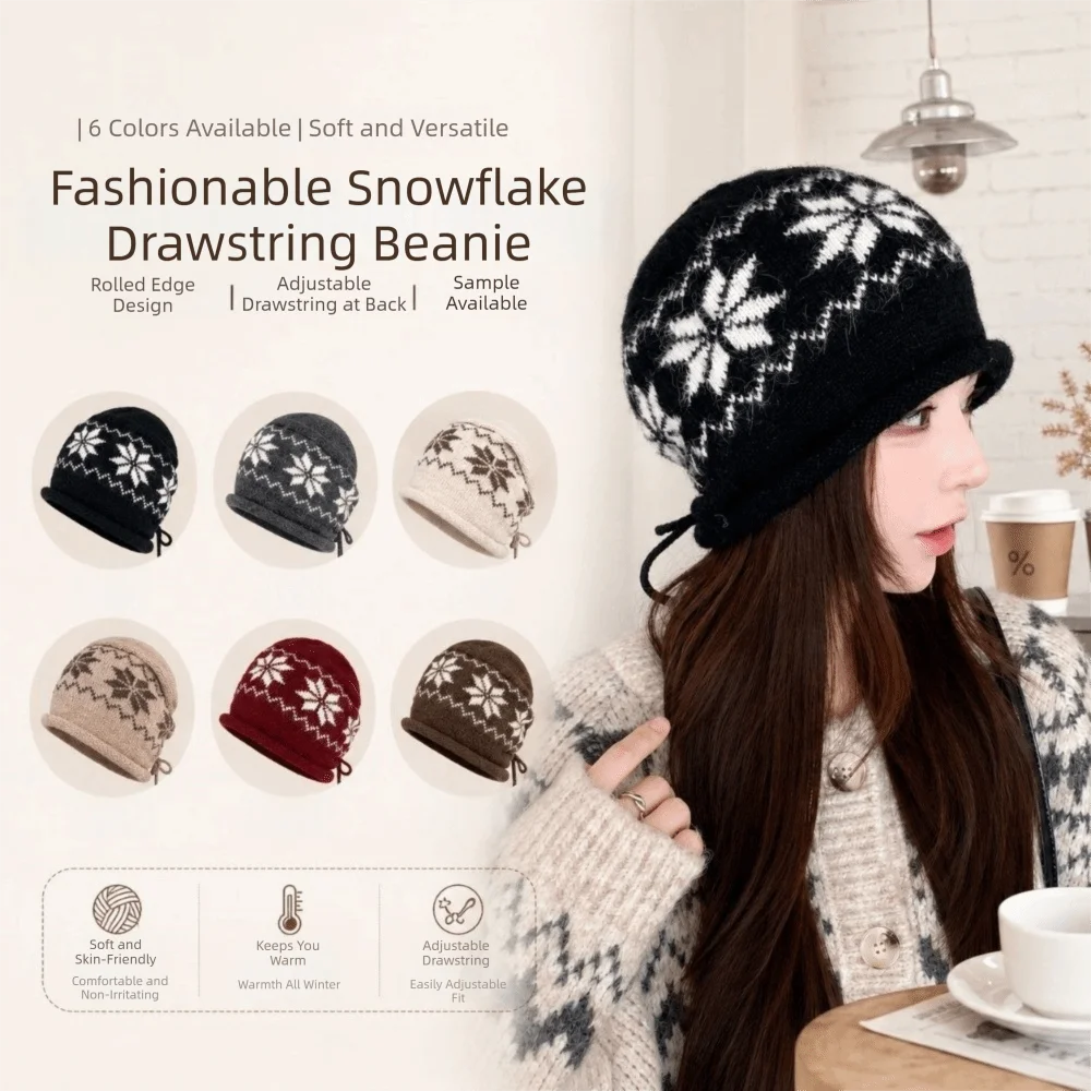 Fashion Drawstring Knitted Hat Snowflake Printed Keep Warm Beanies Hat Skullies Cap Autumn