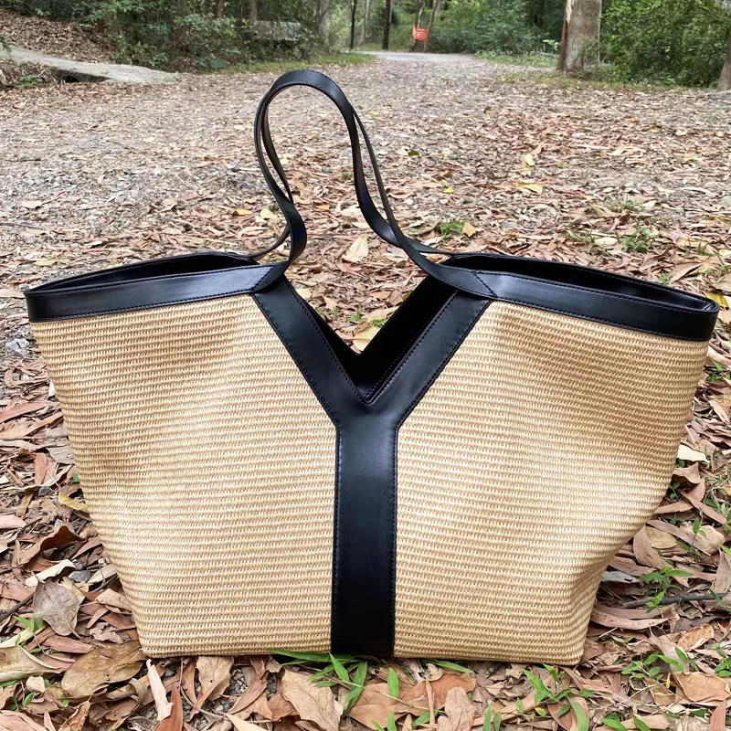 

2025 New Y Shape Design Straw Tote Bag Large Capacity Beach Vacation Woven Bag Shoulder Handbag Underarm Bag Wing Travel Storage