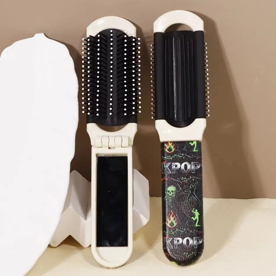 فرشاة شعر قابلة للطي تحت عنوان Kpop مع مرآة - مشط تدليك الجيب المدمج، للاستخدام أثناء السفر/الاستخدام اليومي، هدية مروحة، خاصة للشعر المستعار الحقيقي